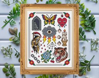 Traditional Tattoo Sample Flash Sheet / Advanced Large / Cross Stitch Template Pattern (PDF Download)