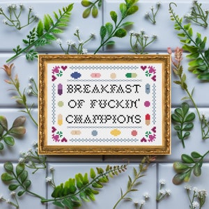 PDF ONLY Breakfast of Fuckin&#39; Champions Modern Subversive Cross Stitch Template Pattern Instant PDF Download