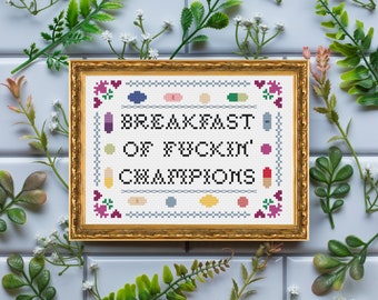 PDF ONLY Breakfast of Fuckin' Champions Modern Subversive Cross Stitch Template Pattern Instant PDF Download