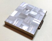 Vintage white mother of pearl compact, goldtone metal, powder compact with mirror, 16 mother of pearl squares, chipped corner, 1950s-60s