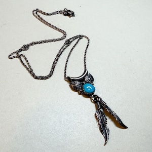 Vintage Native American feather pendant necklace, 18 inch chain, slide pendant, turquoise, sterling silver, 1970s-80s  ND7222