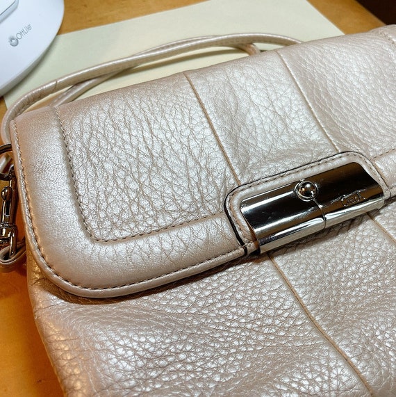 Vintage pearlized leather small handbag from Coach off white to beige pink lining long skinny strap silvertone metal hardware Coach bag Etsy