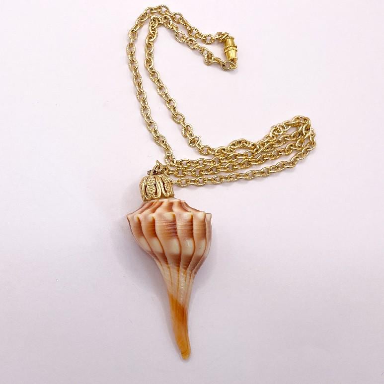 Vintage Whelk Shell Pendant Necklace With 22 Inch Chain, Goldtone