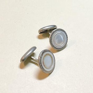Vintage mother of pearl cufflinks, silvertone metal, ball or fixed backs, white opalescent stone, silver cufflinks, 1920s-30s  ME8223