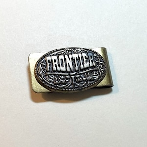 Vintage souvenir money clip, Frontier Hotel, Las Vegas, old Vegas, casino, goldtone metal, longhorn design, collectible, M7202