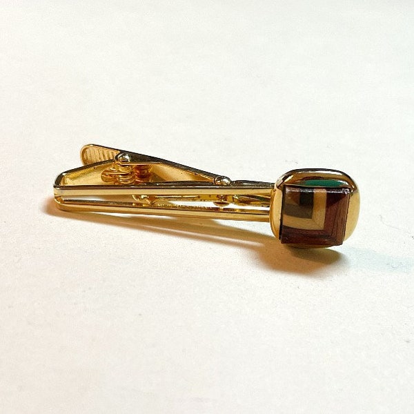 Vintage tie clip with brown wood mosaic inlay, goldtone metal, gold tie clip, tie bar, men's suit and tie accessory, ME4226