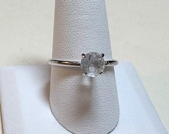 Vintage clear stone solitaire ring, size 10, silvertone metal, one large faceted clear stone, silver ring  R5212