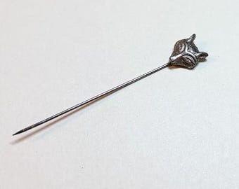 Vintage fox face stick pin, cravat pin, silvertone metal with light gold wash, 1930s-40s  PD4187