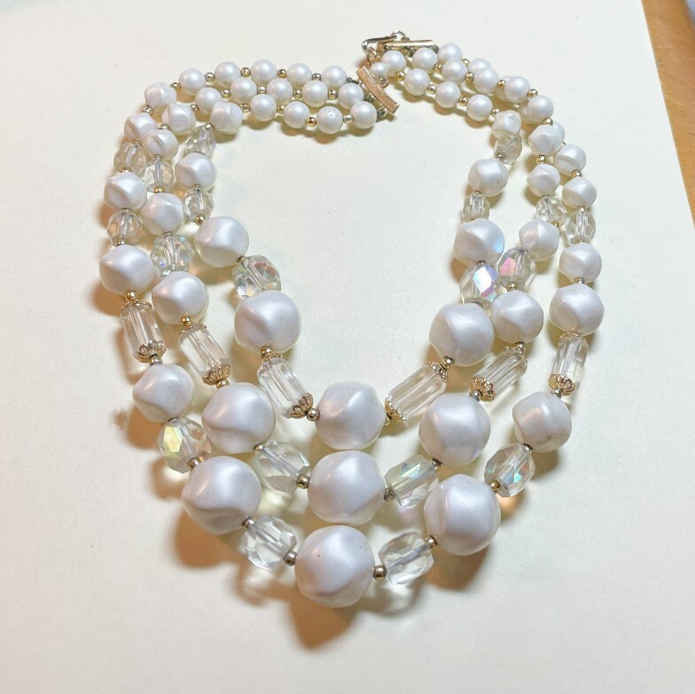 Vintage Three Strand White and Clear Plastic Beaded Necklace