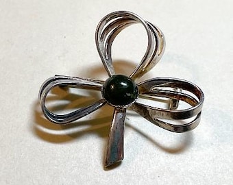 Vintage Shamrock Brooch, Silvertone Metal, Faux Connemara Stone