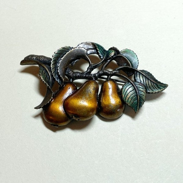 Vintage pear fruit brooch from JJ Jonette's Jewels, dark goldtone metal with enamel, pear pin, fruit pin, JJ pear brooch, 1980s  PF10207