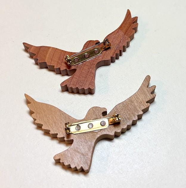 Two Vintage Wooden Bird Brooches, Different Finishes, Handmade
