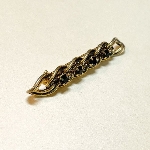 Vintage chain link design bar brooch with black r… - image 2