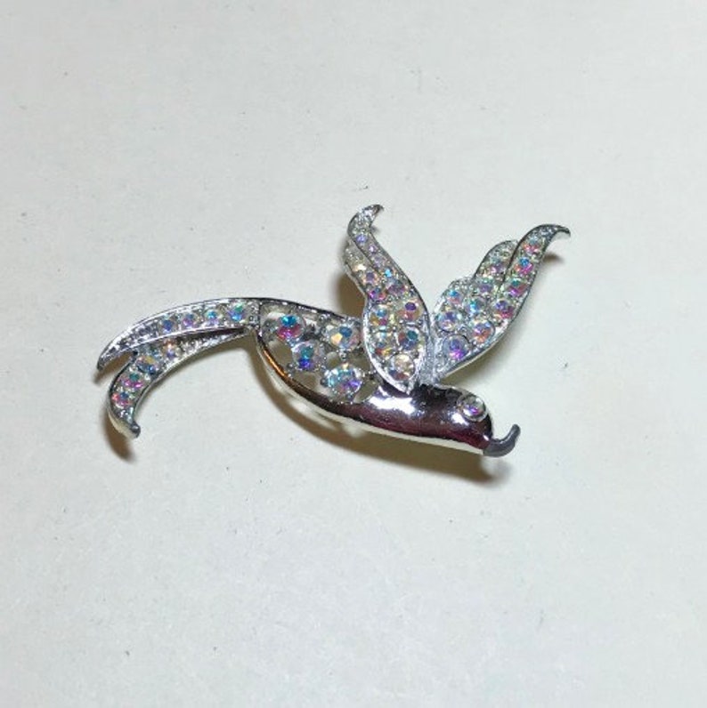 SALE Vintage Sarah Coventry bird brooch, Bird of Paradise, silvertone metal, aurora borealis rhinestones, rhinestone bird brooch, 1960s-70s image 1