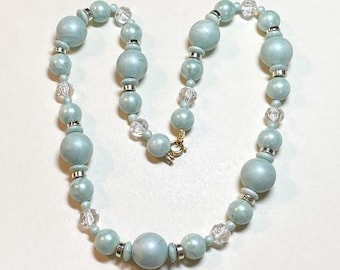 Vintage light green bead necklace, 18 inches long, plastic beads, goldtone metal, pastel beaded necklace, 1970s-80s  NBL752