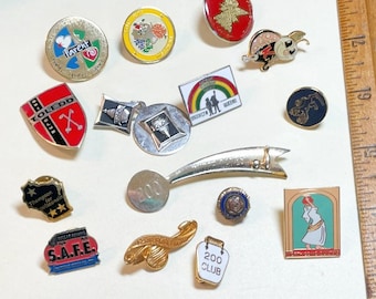 Lot of 15 vintage novelty, souvenir, club pins and one pendant, bowling, Wisconsin, Toledo, Tops, American Legion, employee, more  P593