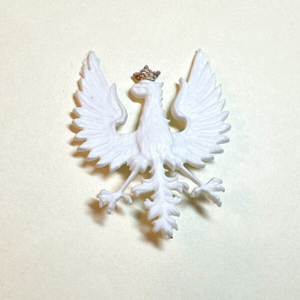 Vintage heraldry or military bird brooch in white plastic, golden crown, eagle, phoenix, bird pin, white plastic bird pin, 1930s-40s  PD4264