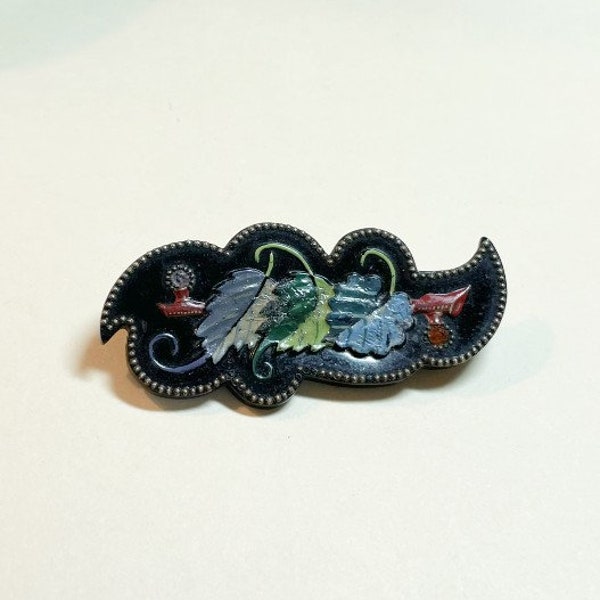 Vintage early plastic brooch, Depose, black with colored leaves and two plastic stones, Depose pin, trombone clasp, antique, 1920s-30s  P882