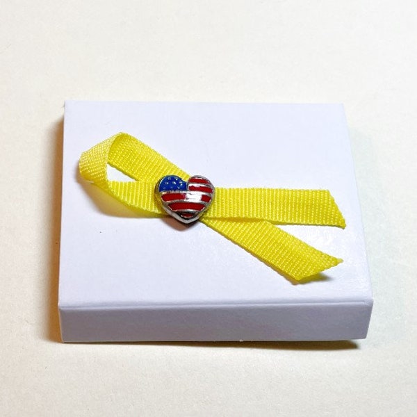 Vintage Avon tac pin, Yellow Ribbon pin with enamel flag heart, clutch back pin, silvertone metal, red and blue, fabric ribbon, 2003  A6105
