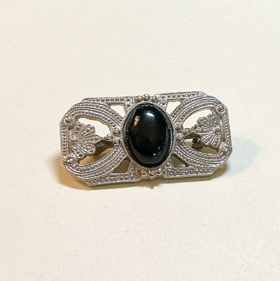 Vintage deco style brooch with black oval cabocho… - image 2