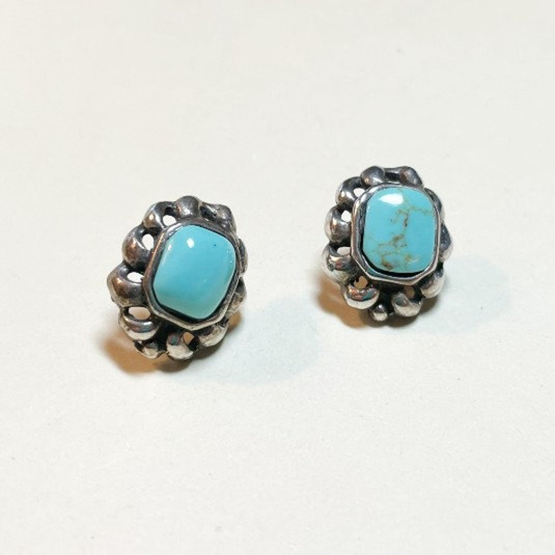 Vintage Turquoise Pierced Earrings, Small Button Style Earrings, Bright Turquoise, Stamped 925