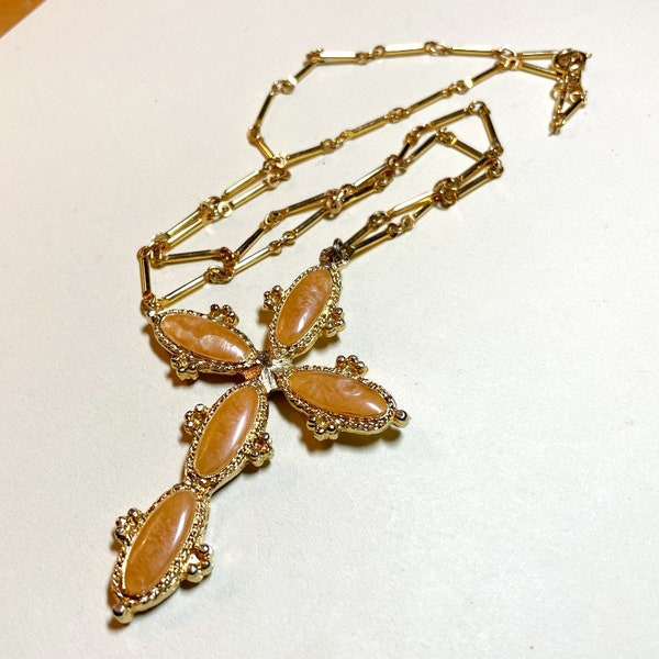 Vintage large cross pendant with orange enamel, goldtone metal, 24 inch bar chain, gold cross pendant, peach enamel, NP1241
