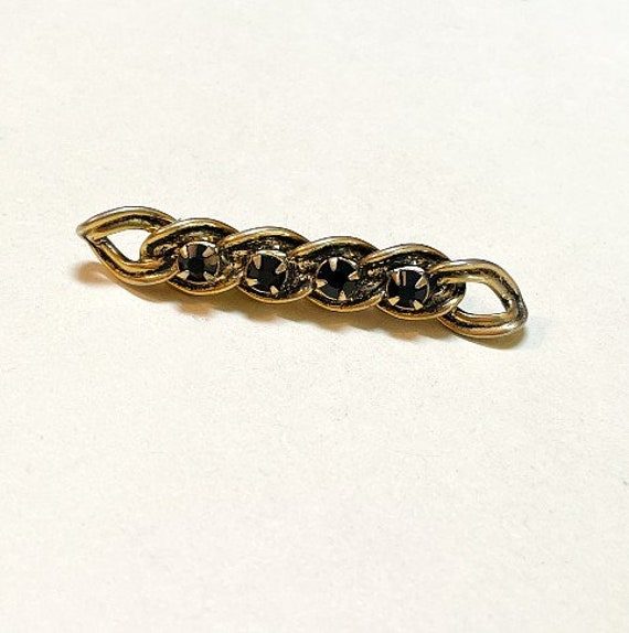Vintage chain link design bar brooch with black r… - image 1