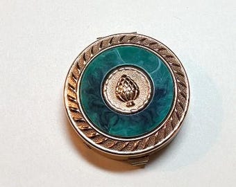Vintage Avon compact for solid perfume, goldtone metal with green enamel, Regence, 1980s  CD8203