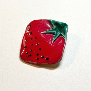 Vintage handmade ceramic strawberry brooch, red, green, black, fruit brooch, strawberry pin, PF10134