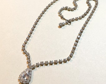 Vintage rhinestone pendant necklace, 17 inches long, silvertone metal, clear rhinestones, teardrop rhinestone necklace 1950s-60s  NC3162