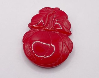 Vintage large carved stone pendant, bright red fruit with leaves, two sided, small top drilled hole, no bail, no chain, 1970s  MI9234