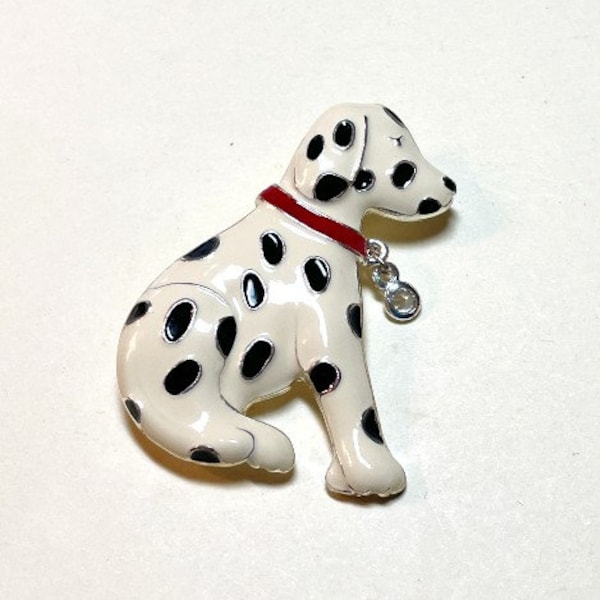 Vintage Dalmatian dog brooch with enamel and collar dangle, silvertone metal, white, black and red enamel, Dalmatian brooch  PA12241