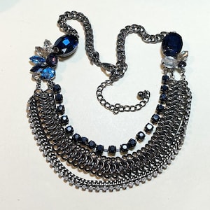 Vintage bib statement necklace, 21 to 25 inches long, gunmetal colored metal, four strands, acrylic stones, rhinestone chain, NC627