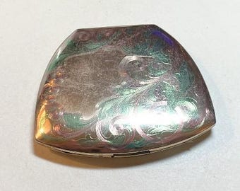 Vintage Elgin American powder compact, scrolling leaf design, mirror, powder reservoir and puff, Elgin Compact, fan shaped, 1950s  CD665
