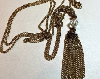 Vintage tassel necklace pendant, 24 inch long double chain, goldtone metal, crystal bead with chain tassel, rhinestone necklace 1960s N11135