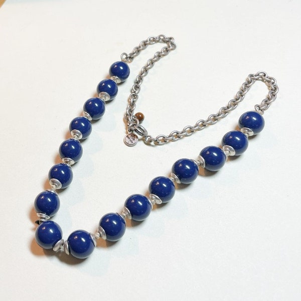 Vintage blue bead and chain necklace from XC, 16 inches long, dark blue plastic beads, silvertone metal chain, blue necklace, NBL1123