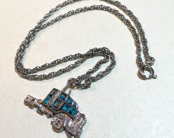 Vintage Turquoise Semi Truck Pendant With 18 Inch Chain, Crushed