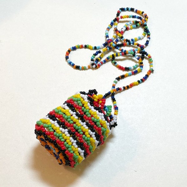 Vintage seed bead woven pouch pendant necklace, 26 inches long, multicolored glass seed beads, boho necklace, NP12164