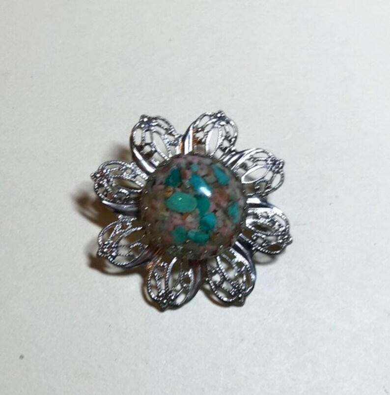 lucite brooch turquoise brooch circle brooch Vintage filigree brooch with turquoise lucite cabochon center 1960s-70s silvertone metal