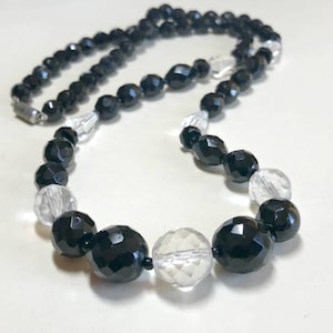 Vintage faceted glass bead necklace, 26 inches, clear and opaque black faceted glass beads, black and white necklace, 1940s-50s