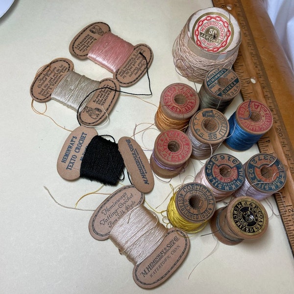 14 partial spools and skeins of thread and silk, wooden spools, cardboard, Corticelli, Belding, Heminway's, J&P Coats, thread lot, L9223