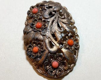 Vintage Art Nouveau style flower dress clip, goldtone metal, openwork, orange cabochons, 1930s-40s  MI723