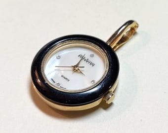 Vintage As Is Joan Rivers watch enhancer pendant, not working, may need battery, goldtone metal, black enamel, mother of pearl face MI111712