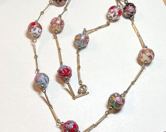 Vintage wedding cake bead necklace, 28 inches long, goldtone metal, bar chain, Italian Murano glass beads, multicolored, 1940s-50s  BD81810