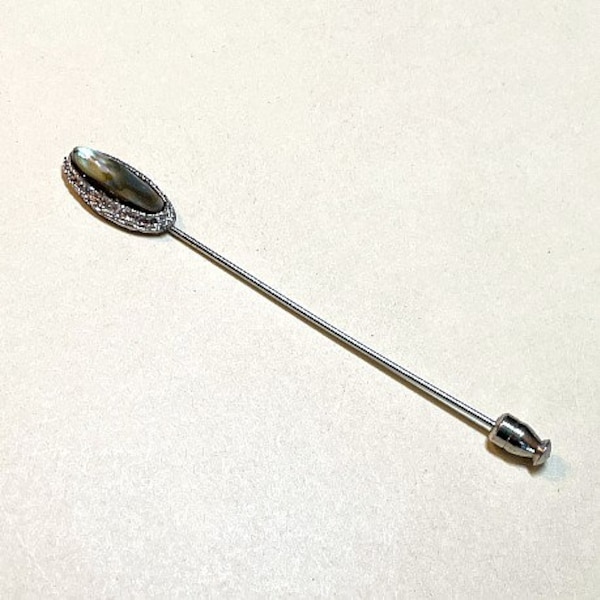 Vintage mother of pearl or abalone stickpin, silvertone metal, fancy setting, mother of pearl pin, silver stick pin, 1970s-80s  P4192