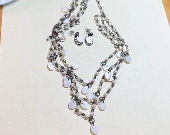 Avon Jewelry Set, Triple Strand Mother of Pearl Drop Necklace and Earrings Gift Set, 14 to 19 inches long, gunmetal, faux pearls, 2000 A6131