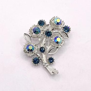 Vintage aurora borealis rhinestone flower brooch from Lisner, silvertone metal, blue AB rhinestones, Lisner brooch, 1950s-60s  PFR9157