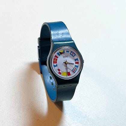 Vintage Swatch Watch 12 Flags LS101, Blue Plastic Case and Vintage Swatch Watch 12 Flags LS101, Blue Plastic Case and