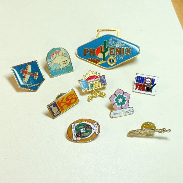 Lot of nine vintage pins, USA theme, clutch back pins, souvenir pins, enamel pins, Phoenix, Keno, Alaska, Tidewater Dist, Union, LD487