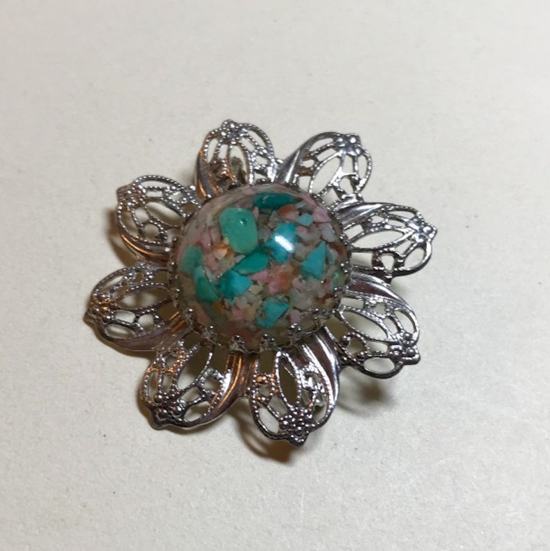 lucite brooch turquoise brooch circle brooch Vintage filigree brooch with turquoise lucite cabochon center 1960s-70s silvertone metal